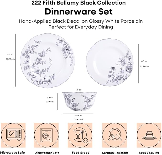 222 Fifth 12-Piece Porcelain Dinnerware Set for 4, White & Black Plates and Bowls Set, Glossy Ceramic Dish Set with Delicate Floral Design, Elegant Kitchen Dishes, Microwave & Dishwasher Safe, Bellamy