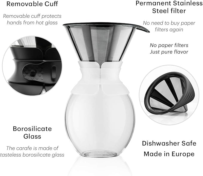 Bodum 51oz Pour Over Coffee Maker, High-Heat Borosilicate Glass with Reusable Stainless Steel Filter and Cork Grip - Made in Portugal