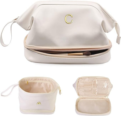 Women Gifts, Initial Makeup Bag, Personalized Double Layer Cosmetic Bag with Makeup Brush Organizer, Waterproof, Large Capacity PU Leather Travel Toiletry Bag, Gift for Wife