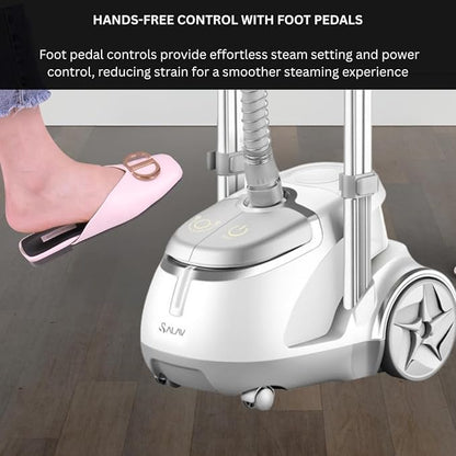 SALAV GS45-DJ Professional Upright Garment Steamer with Roll Wheels, Multi-Function Extra Wide Hanger, Fabric Brush & Mini Ironing Paddle, 1500 watts, Silver