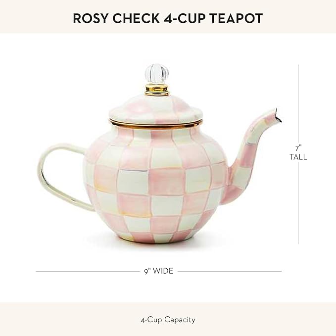 MACKENZIE-CHILDS Enamel Teapot, Cute Small Teapot with Lid, 4-Cup Capacity, Pink-and-White Rosy Check