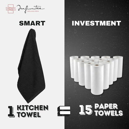 Infinitee Xclusives 100% Cotton Kitchen Towels - 15x25 Inch Ultra Soft Tea Towel, Super Absorbent Terry Dish Towels for Kitchen Linens |Storm Black|
