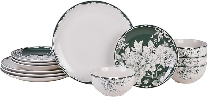 222 Fifth 12-Piece Porcelain Dinnerware Set for 4, White & Sage Green Plates and Bowls Set, Glossy Ceramic Dish Set with Detailed Floral Design, Microwave & Dishwasher Safe Dishes for Dining, Brittany