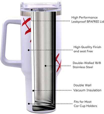 FMYWZS 40 oz Baseball Tumbler with Handle, Double Wall Vacuum Insulated Stainless Steel Cup Travel Mug with Lid and Straw, Baseball Accessories Stuff Gifts for Mom Men Boys Girls