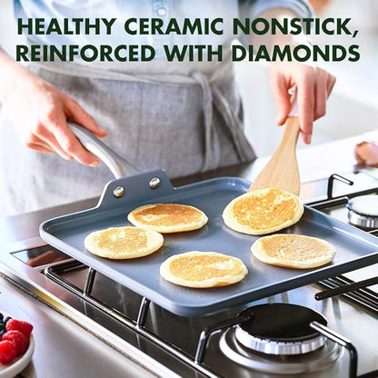 GreenPan Lima Hard Anodized 11” Square Griddle Pan, Ceramic Nonstick, PFAS-Free Nontoxic Pots and Pans, Oven & Broiler Safe, Stainless Steel Handle, Cookware for Eggs & Omelet, Gray