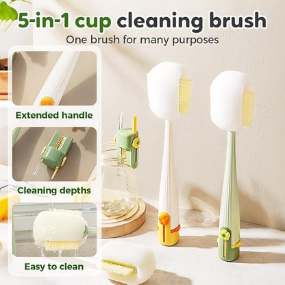 5-in-1 Bottle Cleaning Brush Set, Multifunctional Household Cleaning Kit with Long Flexible Scrubber,for Narrow Mugs, Stainless Steel Cups, Baby Bottles and Tumbler (Green, 2 pcs)