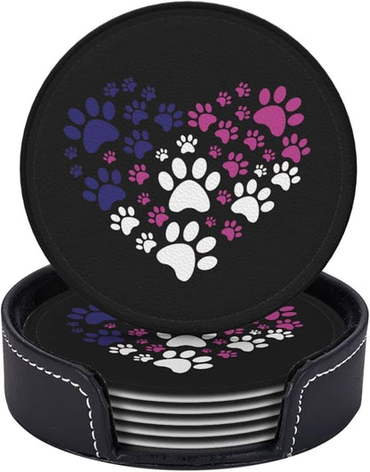 6 Pcs Cat Dog Paw Prints Heart Leather Coasters