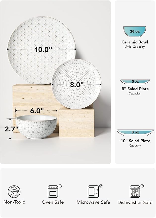 LE TAUCI Dinnerware Sets 12 PCS, Ceramic Plates and Bowls Set, Suit For Housewarming (10" Dinner Plate + 8" Salad Dish + 26 oz Cereal Bowl) x 4, Oven safe - Arctic White