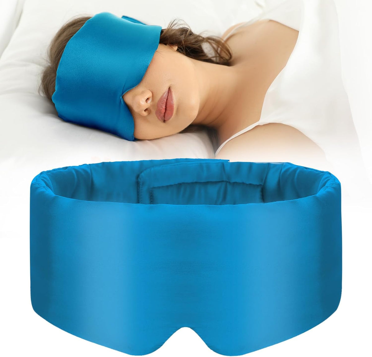 100% Mulberry Silk Sleep Mask Eye Mask for Women Man with Adjustable Band, for Side Sleeper Blackout Sleep Mask for Travel Rest and Office Large Size (Blue)
