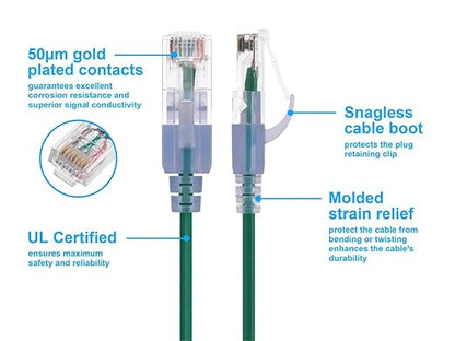Monoprice Cat6A 14ft Green 10-Pk Patch Cable UTP 30AWG 10G Pure Bare Copper Snagless RJ45 SlimRun Series Ethernet Cable