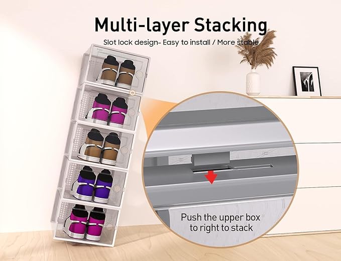 Kuject X-Large Shoe Storage Boxes Organizers Clear Plastic Stackable 12 Pack, Shoe Rack & Holder Substitute, Sneaker Containers, Toy Storage Organizer Bins for Entryway, Closet, Under Bed, Grey