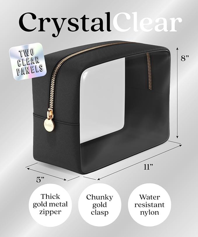 Clear Makeup Bag Zipper Pouch, Transparent Cosmetic Case Organizer, TSA Approved Travel Toiletry Case, Travel Accessories Essentials Makeup Tote for Women, Large Cute Make up Bag for Purse - Black