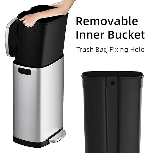 KUK 13 Gallon/50L Stainless Steel Kitchen Trash Can with Lid and Step Pedal-Large Capacity Garbage Bin with Odor Seal, Silent Close Lid, Removable Inner Bucket for Home, Kitchen, Bedroom, Silver