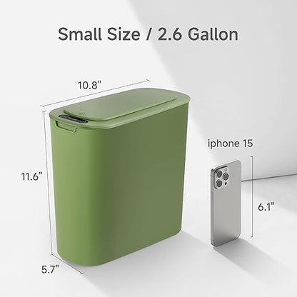 Automatic Motion Sensor Bathroom Trash Can with Lid, 2.6 Gallon Touchless Trash Bin, Smart Garbage Can Plastic Slim Wastebasket for Bedroom, Office, Dorm (Green)