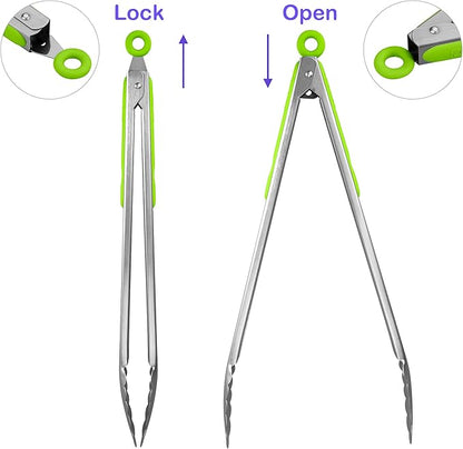 304 Stainless Steel Kitchen Cooking Tongs, 14" and 16" Set of 2 Sturdy Grilling Barbeque Brushed Locking Food Tongs with Ergonomic Grip, Green