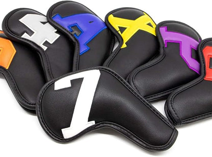 Barudan Golf Iron Club Head Covers Set Headcovers for Callaway Ping S5 - Big Colorful Number - Long Neck - Black Pu Leather fits Small Standard Oversized Golf Clubs 10pcs/Pack (Black+Color Number)