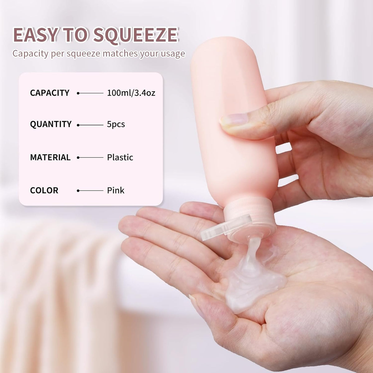 3.4 oz Travel Bottles for Toiletries, Empty Plastic Shampoo Bottle (5PCS) Small Size Container Tsa Approved (100ml, Pink)