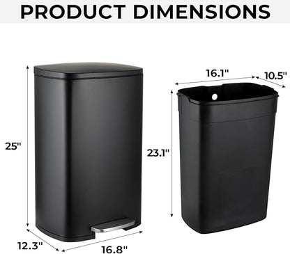 13.2 Gal Kitchen Trash Can, 50L Recycling or Garbage Bin, Brushed Stainless Steel Waste Basket, Soft&Quiet Close Dustbin, with Step-On Pedal, Removable Inner Bucket, for Home, Office, Living Room