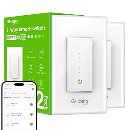 GHome Smart 3 Way Dimmer Smart Switch Can Work Separately Or Work with Traditional 3-Way Switch, Compatible with Alexa, Google Assistant, Neutral Wire Required, 2.4GHz WiFi Only, FCC Certified, 2 Pack
