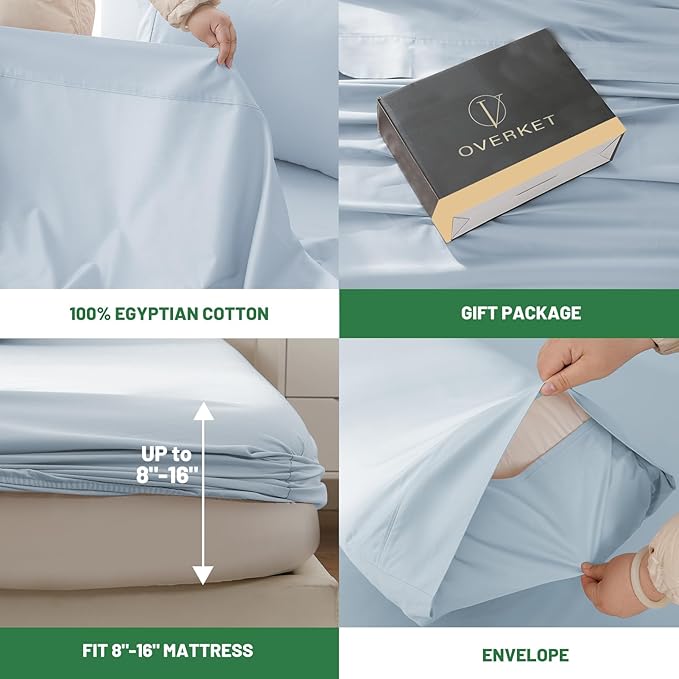 1000 Thread Count Egyptian Cotton Sheets Queen Size Set 4PCS Sateen Weave Soft Breathable 16-Inch Deep Pocket（Queen,Light Blue）