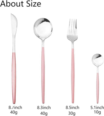 JASHII Flatware Serving Set 24 Piece, Stainless Steel Silverware Set, Pink Silver Cutlery Set, Modern Elegant Tableware Set for Party, Christmas, Dinner (Pink Silver)