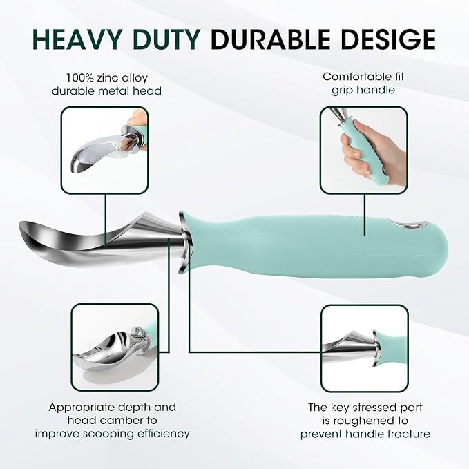 Beneno Heavy Duty Ice Cream Scoop - Upgraded Anti-Fracture Design, Comfortable Grip Long Handle, Effortless Scooping & Dishwasher Safe, Mint