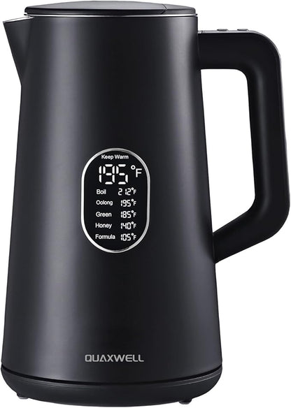 1.5L Electric Kettle Stainless Steel, Double Wall Cool Touch Teapot, Fast Boil,5 Temperature Control, LED Display, Auto Shut-Off, BPA-Free,Keep Warm Function, Ideal for Tea & Coffee,Black