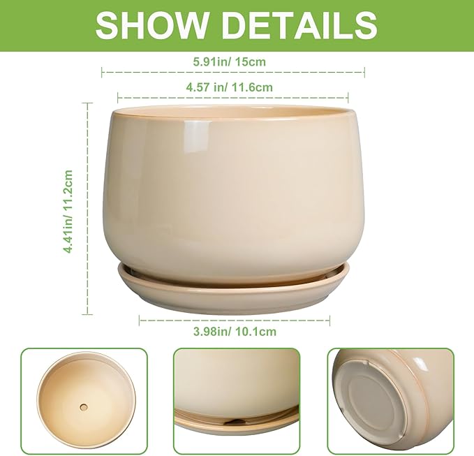G EPGardening Ceramic Pot for Plants - 6 Inch Planter with Drainage and Ceramic Saucer, Flower Pots for Indoor Plants, Modern Outdoor Planter, Home Decor, Gift for Women Men, Beige