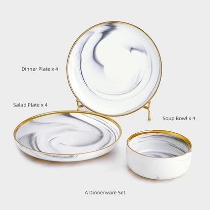 Marble Gold Rim Dinnerware Sets, Porcelain Plates and Bowls Sets, Modern Luxury Dish Set for 4, White Grey China Dinner Set for Special Occasions, Hand Wash Quickly