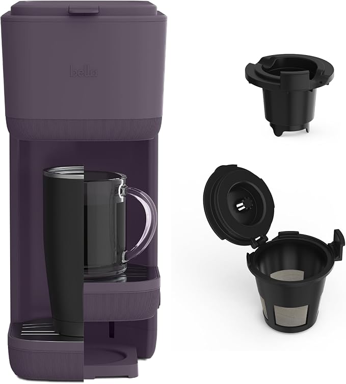 BELLA Single Serve Coffee Maker, K Cup & Coffee Ground Compatible with Removable, Adjustable Drip Tray, Auto Shutoff & Reusable Dishwasher Safe Accessories, Brews 6oz to 14oz, 1000 Watt, Plum
