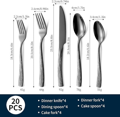 Black Hammered Silverware Set, Heavy Duty Flatware Set, 18/0 Stainless Steel