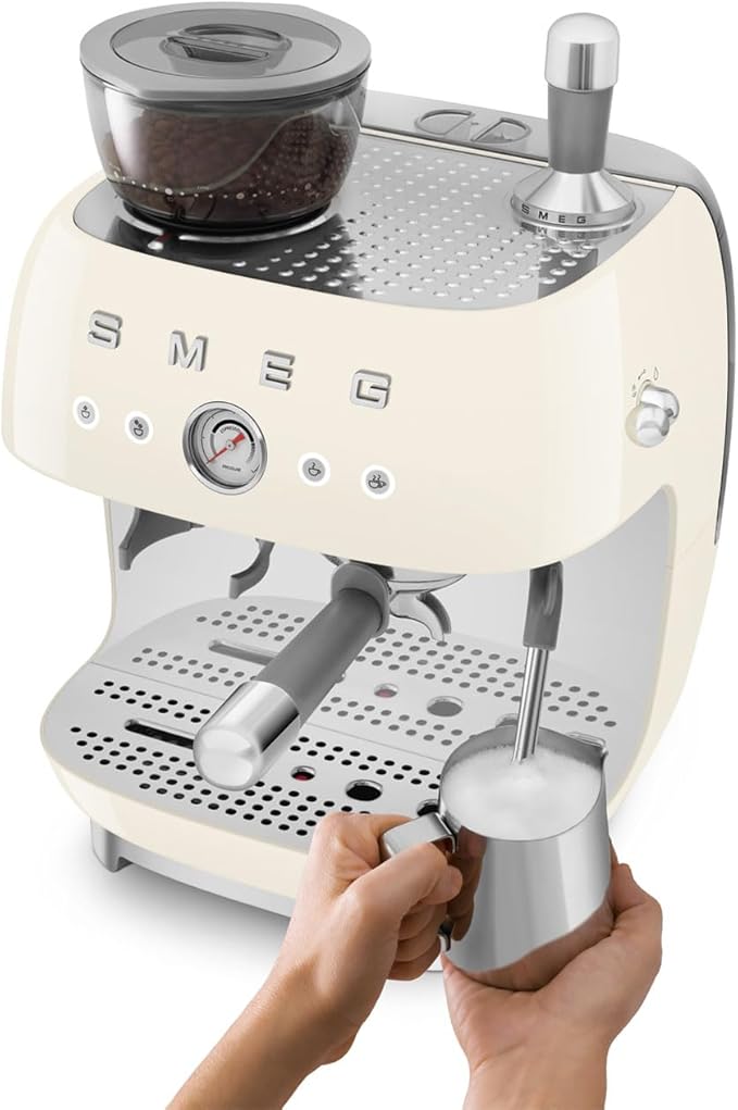 Smeg EGF03 Semi-Automatic Espresso Machine with Built-In Grinder, Dual Thermoblock, 50’s Retro Style – Cream (120 V)