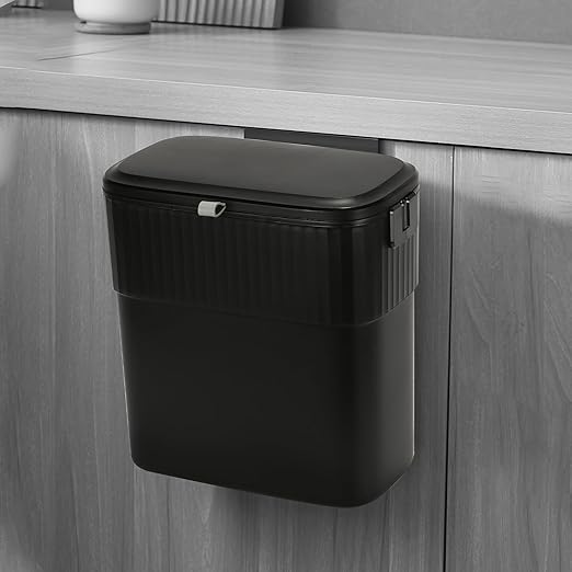 ELPHECO Hanging Trash Can with Lid 2.5 Gallon Kitchen Compost Bin for Under Sink, Plastic Wall-Mounted Garbage Can, Small Kitchen Trash Bin, Small Trash Can with Lid for Office, Bathroom, Black