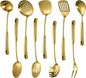 304 Stainless Steel Kitchen Cooking Utensils Set - 9 PCS Serving Utensils, Include Skimmer, Soup Ladle, Spaghetti Server, Wok Spatula, Slotted & Solid Spoon, Slotted Spatula Turner, Meat Fork (Gold）