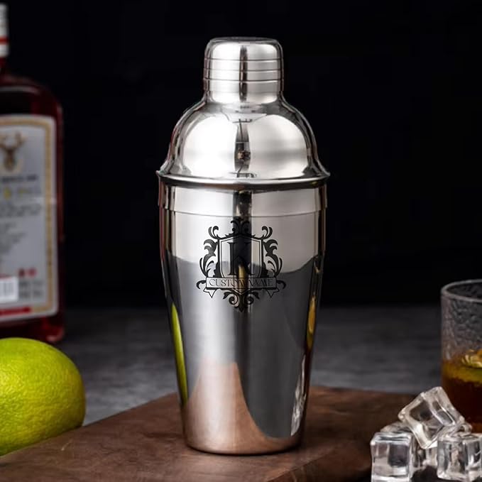 Personalized Cocktail Shaker 24oz - Custom Stainless Steel Bar Kit with Engraved Name, Built-in Strainer & Measuring Jigger & Spoon, Gift for Bartenders & Cocktail Lovers (Shield Design)