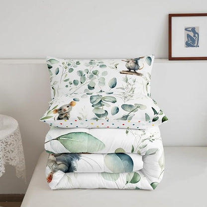 Erosebridal Kids Cute Animal Queen Size Comforter Set for Girls Boys Cartoon Mouse Bedding Set, Spring Eucalyptus Down Comforter Watercolor Leaves Bed Set, Kawaii Animal Mice Quilted Duvet