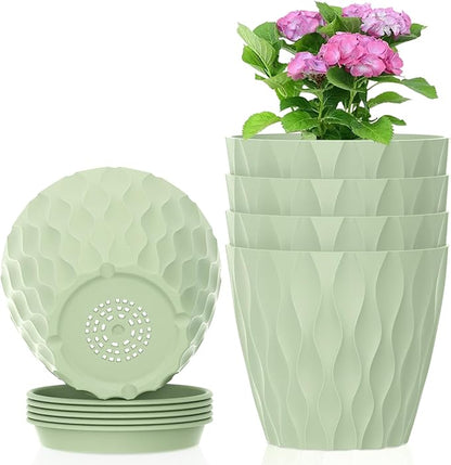 6 inch Plant Pots, 5 Set Water Ripples Flower Pots for Indoor Outdoor Plants, Plastic Planters with Drainage Holes and Saucers, Nursery Pots for Small Succulent Garden House Plants, Green