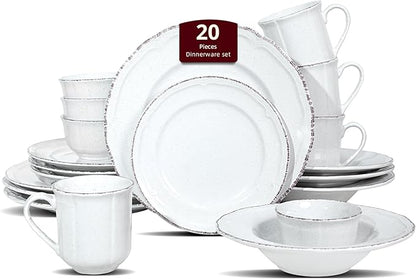 20pc Dinnerware Set, Plate and Bowl Set, Stoneware Dishes Set for 4, Microwave and Dishwahser Safe, Scratch Resistant, French Countryside Speckled Antique White