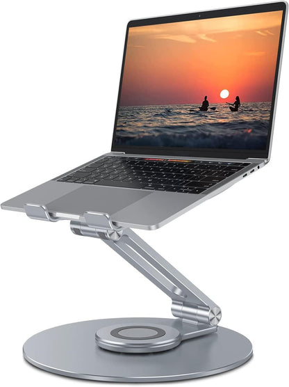 OMOTON Adjustable Laptop Stand with 360 Rotating Base, Ergonomic Laptop Riser for Collaborative Work, Dual Rotary Shaft Fully Foldable for Easy Storage, Fits All Laptops up to 16 inches, CoolGrey