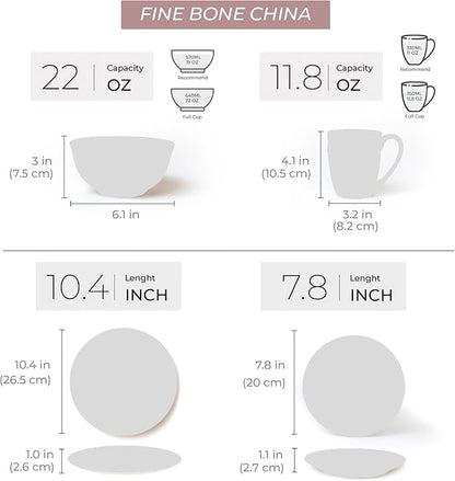 Bone China Dinnerware Set for 4, 16 Pc Round Dinner Set with Mugs - Porcelain and Microwave Safe - KOKEN