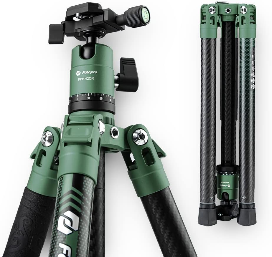 Fotopro Carbon Fiber Tripod 60 Inch 360 Degree Ball Head Quick Release Plate Lightweight Camera Tripod for Travel Tripod Folded Height Only 14.2",Max Loads up to 22lbs,Green