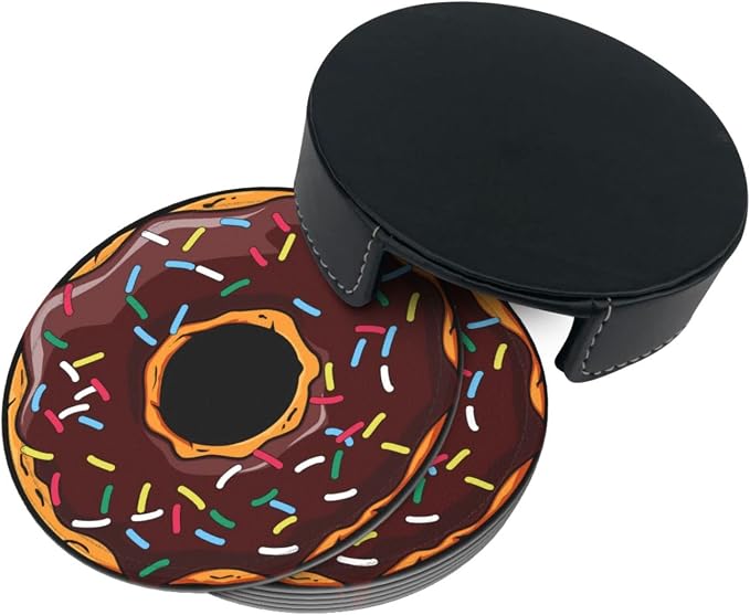 6 Pcs Donut Funny Leather Coasters