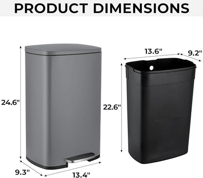 8 Gal Kitchen Trash Can, 30L Recycling or Garbage Bin, Brushed Stainless Steel Waste Basket, Soft&Quiet Close Dustbin, with Step-On Pedal, Removable Inner Bucket, for Home, Office, Living Room