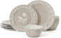 Martha Stewart Maiden Crown 12-Piece Taupe Dinnerware Set – Vegan Bone China Ceramic Plates & Bowls – Floral Design – Service for 4 – Dishwasher & Microwave Safe