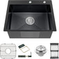 Black Kitchen Sink, Stainless Steel Topmount Bar Sink 22x18x9 Inch Single Bowl Drop In Kitchen Sink Combo-Sink Grid,Soap Dispenser,Drain Basket,Strainer Mesh,Drain Strainer Set for Modern Kitchen Sink