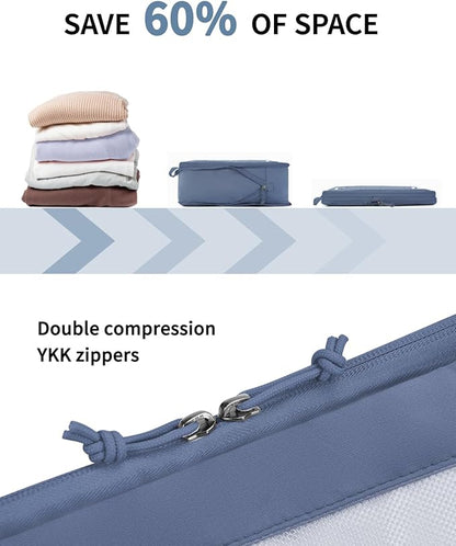ECOHUB 5 Set Compression Packing Cubes for Suitcases Organiser Bags Set Travel Essentials with Shoe Bag for Traveling Tear-resistant Travel Accessories with ID Tag Expandable Packing Bags(All Blue)
