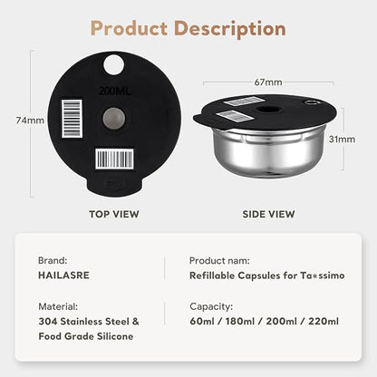 Stainless Steel Reusable Tassimo Pods with 4 Black Silicone Lid 60/180/200/220ml RefillableTassimo Coffee Pads wtih Tamper Compatible for Bosch Tassimo Machine