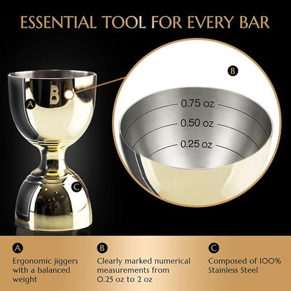 Double Bell Jigger by Bull In China - 0.25oz to 2oz Measures for Cocktails, Bars & Bartenders (Gold)