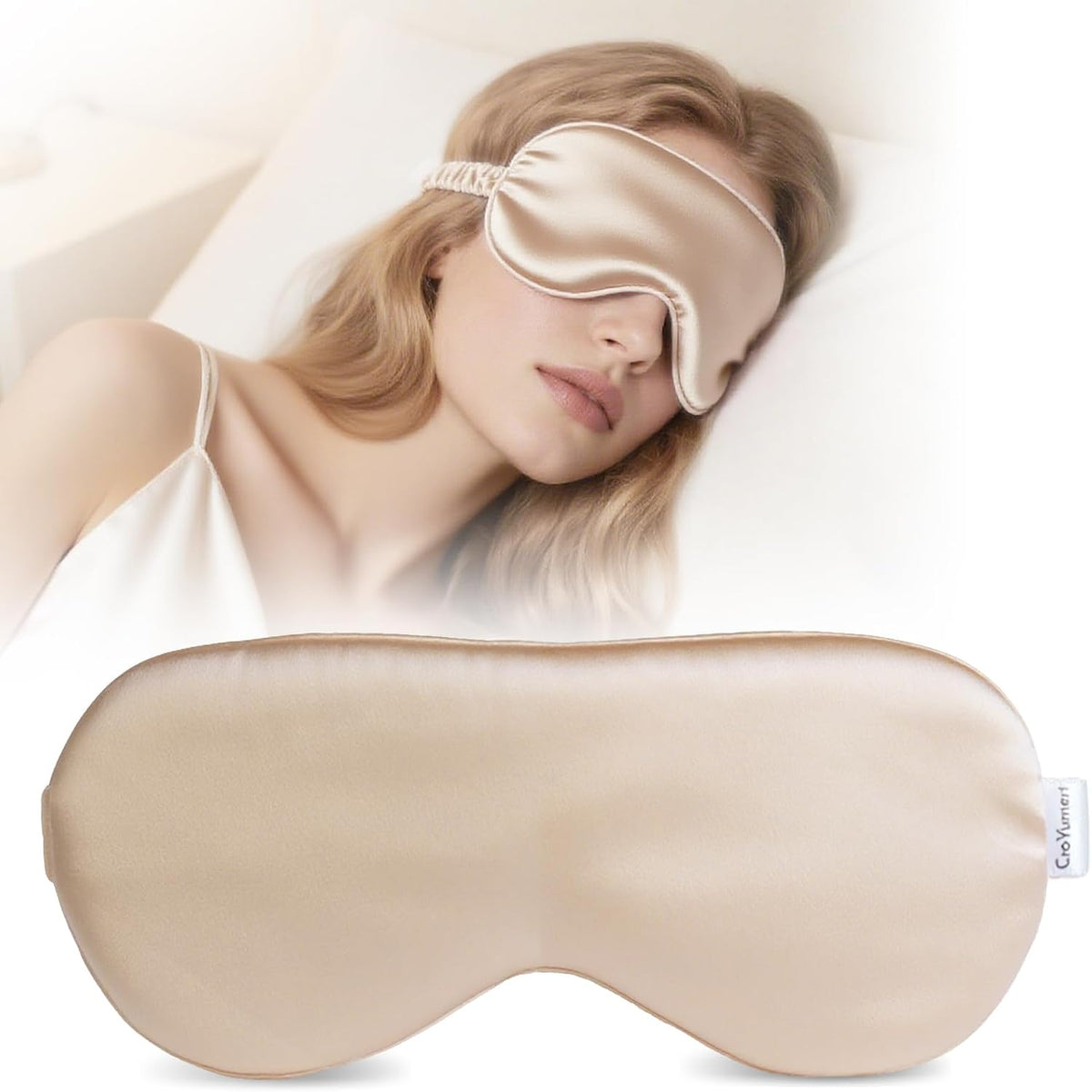 Pure 22 Momme 6A Grade Mulberry Silk Sleep Mask for Side Sleepers - 100% Blackout Eye Mask with Travel Pouch (Champagne)