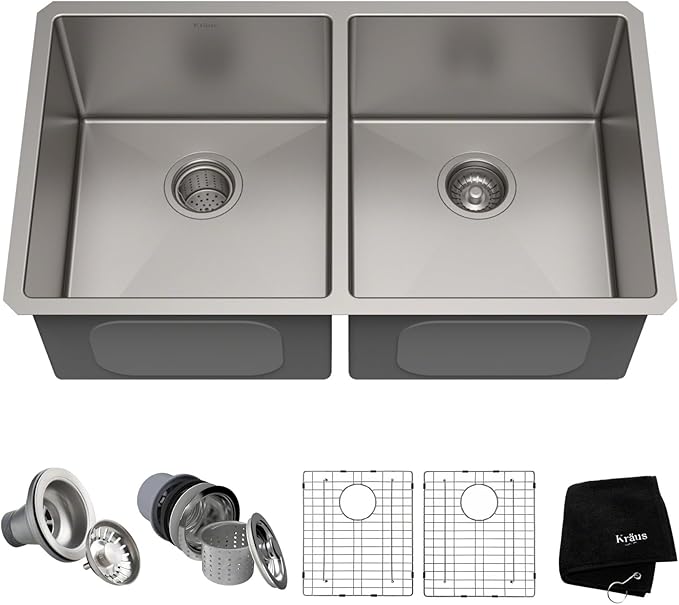 KRAUS Standart Pro 33 -inch Undermount 50/50 Double Bowl 16 Gauge Stainless Steel Kitchen Sink, KHU102-33